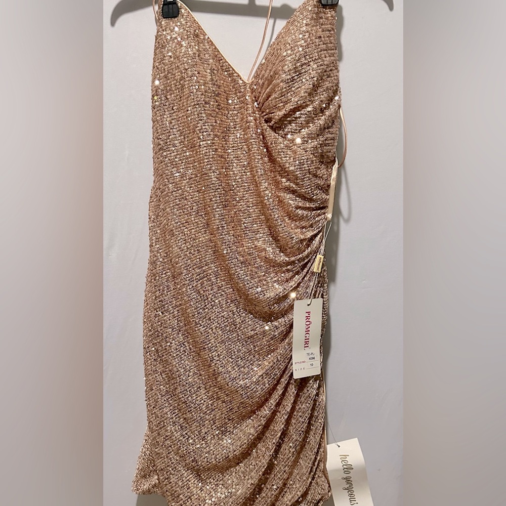 PromGirl Rose Gold Sequin Midi Ruched Bodycon Dress - Size 10
